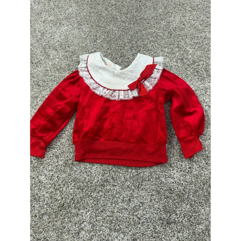 Vintage New York Kids Red Velour Lace Collar Outfit Set 24MO Holiday USA #0633